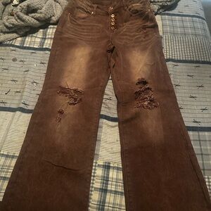 Brown Distressed Wide-Leg Jeans